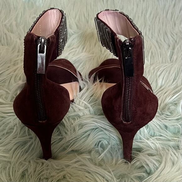 Aldo Stilletto High Heel Size 6.5 Rhinestone Ankle Strap Open Toe Shoe Suede Red - Picture 6 of 7